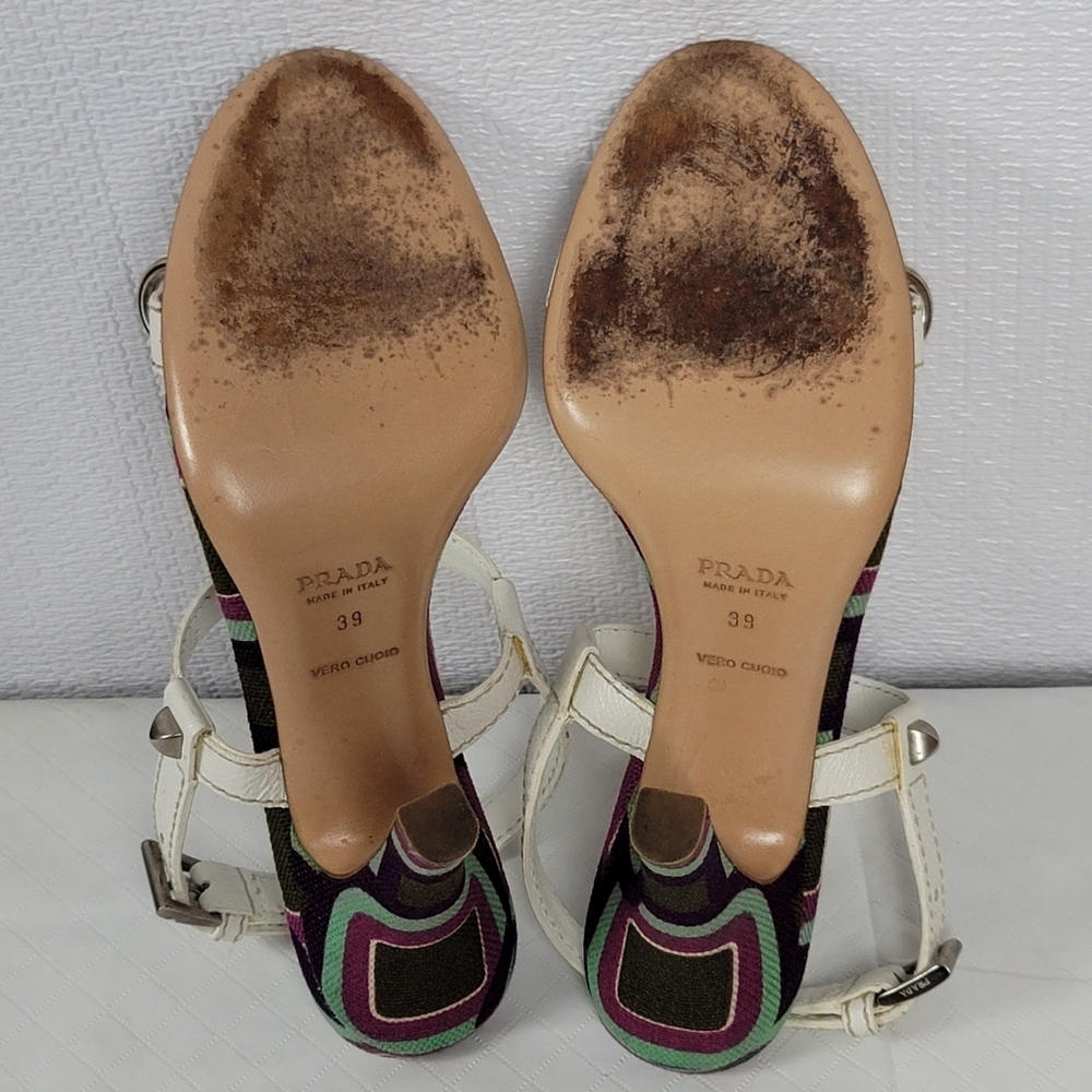 Prada Calzature Donna White Leather Cinghiale Viola Slingback Heel Sandals Sz 39 - Picture 7 of 12
